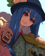 giantess mega destruction small_men touhou red_eyes blue_hair smiling scared hand painting minecraft tenshi_hinanawi taramo