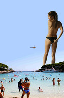giantess collage helicopter brunette unknown_artist boats sky bikini_bottom lagoon swimmers behind_view resort_area