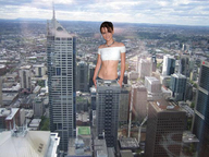 giantess collage city brunette short_hair unknown_artist belly skyscraper clouds sky looking_at_viewer rooftop_view