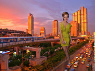 giantess collage city clothed legs skyscraper highway vehicles clothing sunset lights emma_watson looking_at_viewer docop light_rail