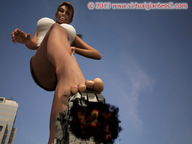 giantess barefoot buildings low_angle dark_skin sky point_of_view raised_foot crushed_building digital_render