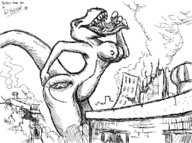 drawing giantess insertion vore furry dragoness anthro city monochrome butt destruction rampage dinosaur reptile mass_vore