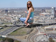 giantess collage clothed traffic jeans unknown_artist kneeling sandals foot_print sunglasses highway vehicles clothing between_fingers looking_at_viewer urban suburbs overpass