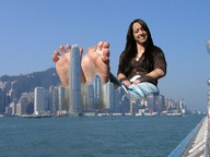 collage city toes soles jeans brunette sitting skyscrapers toe_ring harbor