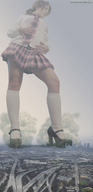 collage city mega destruction skirt shoes low_angle socks mikeyboy hand giantess_katelyn looking_down smoke sky under_foot dust highways
