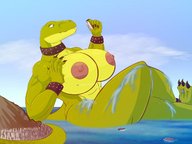 breasts drawing nipples giantess nude furry giga anthro city color destruction claws handheld barefoot buildings red_eyes huge_breasts lizard abs collar mountains reptile boats toe_ring ships commission squeezing neopuc sekvra scalie thick_thighs bare_legs fracshun bare_midriff
