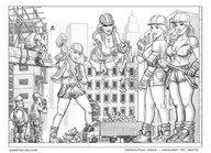 drawing giantess city comic monochrome cleavage buildings gloves shorts giantesses truck tattoo top giantessfan construction_site hammer debris demolition sledge_hammer bare_legs bare_midriff
