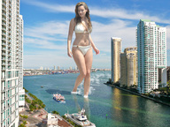 breasts giantess collage mega swimsuit cleavage buildings wonderslug looking_down river boats clouds sky kelly_brook wading