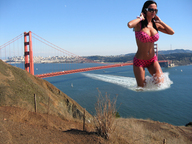 giantess collage black_hair large_breasts swimsuit cleavage water sunglasses bay sky sunny golden_gate_bridge san_francisco wading