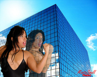 giantess collage tongue buildings brunette skyscraper open_mouth reflection fist sky
