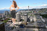 collage city clothed buildings helicopter brunette wonderslug foot_print sneakers clouds sky clothing kelly_brook behind_view