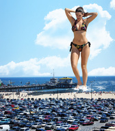 giantess collage swimsuit beach ocean cars brunette wonderslug clouds sky parking_lot kelly_brook pier