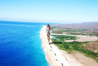 giantess swimsuit beach ocean helicopter brunette wonderslug foot_print sand looking_at_viewer kelly_brook behind_view downward_angle