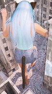giantess city barefoot shrunken_men running looking_down cat_girl raised_foot between_buildings behind_view imminent_crush tiny_mk downward_angle looking_at_tiny digital_render
