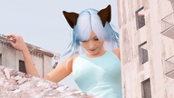 giantess city barefoot shrunken_men running looking_down cat_girl raised_foot between_buildings imminent_crush tiny_mk looking_at_tiny digital_render