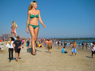 giantess collage blonde swimsuit beach multiple_giantesses barefoot wonderslug mini_giantess walking sand giantesses sky resort beach_goers abigail_clancy