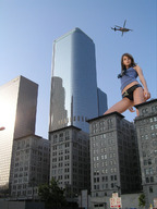 giantess city helicopter low_angle unknown_artist looking_down skyscrapers sky looking_at_viewer