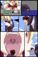 drawing giantess vore blonde tongue mouth handheld saliva shrunken_men houses between_fingers licking_lips panels