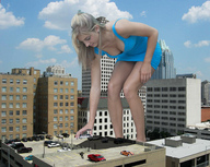 giantess collage city blonde cleavage buildings wonderslug legs reaching vehicles clouds sky adrianna adrianna_daniels rooftop