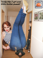 crush collage small_man size_difference clothed high_heels butt_crush jeans red_hair mini_giantess amazon underneath pinned clothing looking_at_viewer squeezemeflat hallway