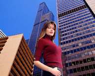 giantess collage city clothed brunette low_angle wonderslug skyscrapers clothing looking_at_viewer laetitia_casta