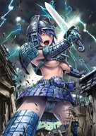 breasts drawing giantess upskirt armor destruction sword buildings low_angle weapon daimajin