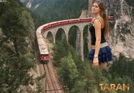 giantess collage bridge clothed train clothing trees looking_at_viewer countryside taran gulch cyndie_allemann landwasserviadukt