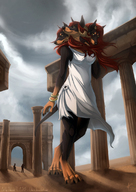 drawing giantess furry horns tail anthro dog color large_breasts long_hair clothed barefoot paws red_hair dress walking thighs outdoors bracelet bare_legs coracroma extra_heads lhuin johis