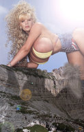 breasts giantess collage blonde huge_breasts low_angle crawling mountains sky looking_at_viewer cliff