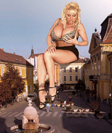 giantess collage blonde high_heels buildings huge_breasts unknown_artist sitting looking_down tattoo courtyard