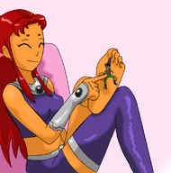 breasts drawing feet alien color barefoot skirt finger soles daigard123 domination teen_titans red_hair starfire boots robin shrunken_man between_toes cape top belt tickling shrunken_character finger_pressed dc_comics orange_skin