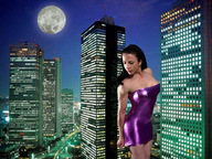 giantess collage city brunette moon wonderslug dress looking_down skyscrapers night lights city_lights