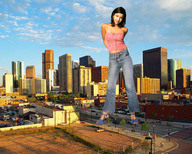 giantess collage city clothed buildings shoes wonderslug streets sky clothing jessica_alba looking_at_viewer crushed_car