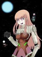 drawing mega space long_hair mecha clothed smiling pink_hair pink_eyes clothing cosmic_giantess bumblebambi