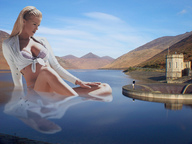 breasts gentle giantess collage mega blonde cleavage water shrunken_men mountains lake reflection sky hills accasbel observer heidi looking_at_tiny