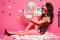 collage handheld high_heels asian shrunken_woman tattoo dialogue music_box