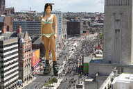 giantess collage city swimsuit cleavage buildings unknown_artist people streets looking_at_viewer crowds roller_blade