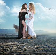 collage landscape city mega blonde destruction clothed high_heels brunette wonderslug fire fishnets jets mountains giantesses clouds sky under_foot military_jets