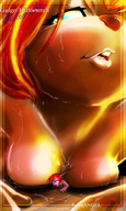 breasts drawing furry anthro color large_breasts blue_eyes cleavage breast_crush sweat fallynangel lying_down shrunken_woman point_of_view mouse_girl source_needed gadget_hackwrench