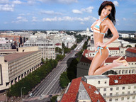 giantess collage city swimsuit buildings brunette smiling wonderslug streets looking_at_viewer capital