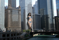 breasts giantess city mega swimsuit cleavage brunette skyscraper falling leaning_against_building looking_at_viewer chicago hanging_on pacman