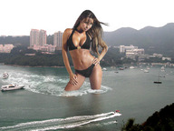 breasts giantess collage city mega swimsuit cleavage water buildings brunette asian wonderslug boats looking_at_viewer hands_on_hips wading