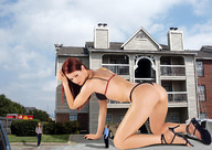 giantess collage high_heels wonderslug red_hair crawling shrunken_people houses searching