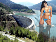 giantess collage swimsuit cleavage brunette wonderslug mountains country dam trees looking_at_viewer wading