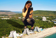 giantess collage long_hair beach brunette leggings unknown_artist watch camera crouching red_lips red_nails massivegts