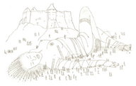 breasts giantess monochrome climbing castle bondage shrunken_men captured pencil_drawing ladders ropes