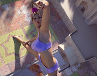 giantess blonde barefoot aileron short_hair reflection between_fingers held_up looking_at_partner digital_render