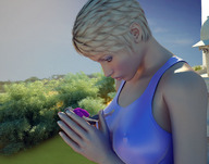 giantess blonde handheld aileron short_hair resting yoga digital_render