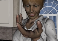 blonde blue_eyes handheld short_hair unknown_artist freckles looking_at_victim digital_render