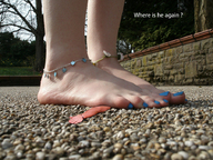 crush collage feet barefoot unaware shrunken_man arm underneath under_foot pedicure ankle_bracelet blue_nails